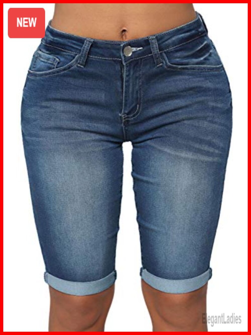 Women's Mid-Rise Roll Cuff Bermuda Stretch Denim Jean Shorts Distressed